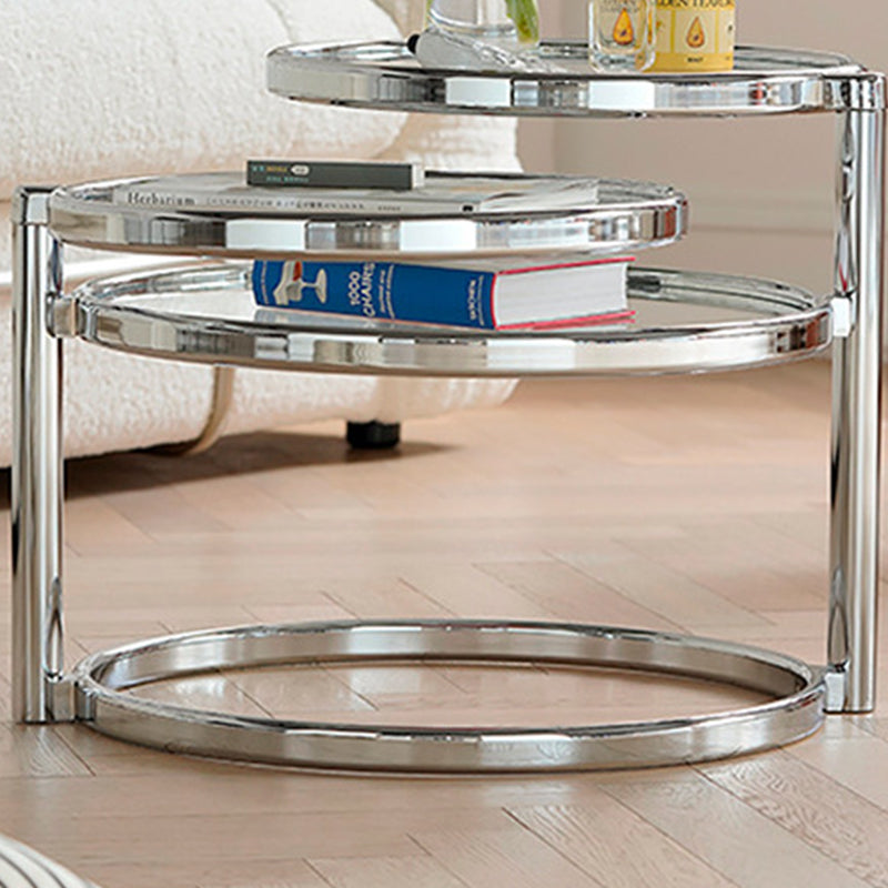 Extendable Coffee Table with Glass Round Top and Stainless Steel Base Clearhalo 'Coffee & Accent Tables' 'Coffee Tables' 'coffee_tables' 'furn' 'furn_coffee_tables' 'Furniture' 'Living Room Furniture' 6118928