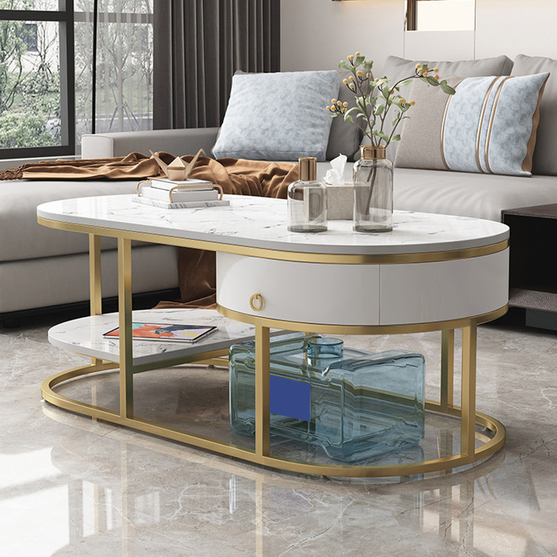 Glam Style Cocktail Table with Shelf and Drawer Stone Ova Top Coffee Table Clearhalo 'Coffee & Accent Tables' 'Coffee Tables' 'coffee_tables' 'furn' 'furn_coffee_tables' 'Furniture' 'Living Room Furniture' 6118933