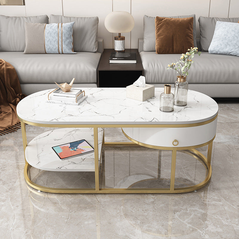 Glam Style Cocktail Table with Shelf and Drawer Stone Ova Top Coffee Table 55"L x 24"W x 18"H Clearhalo 'Coffee & Accent Tables' 'Coffee Tables' 'coffee_tables' 'furn' 'furn_coffee_tables' 'Furniture' 'Living Room Furniture' 6118934