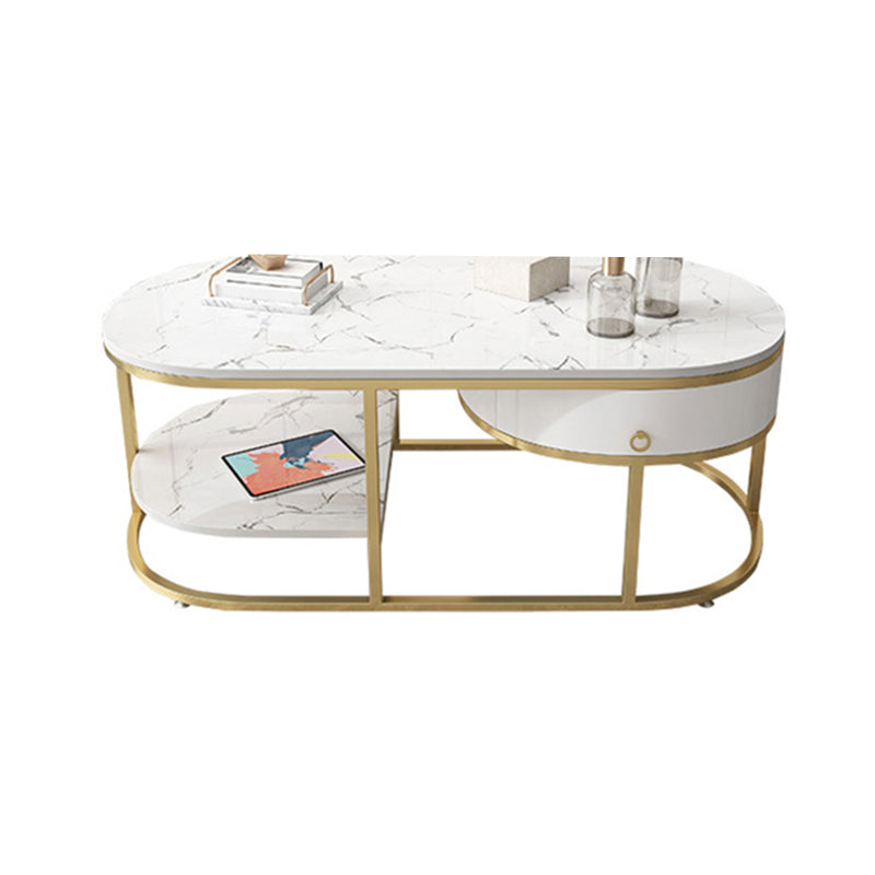 Glam Style Cocktail Table with Shelf and Drawer Stone Ova Top Coffee Table Clearhalo 'Coffee & Accent Tables' 'Coffee Tables' 'coffee_tables' 'furn' 'furn_coffee_tables' 'Furniture' 'Living Room Furniture' 6118937