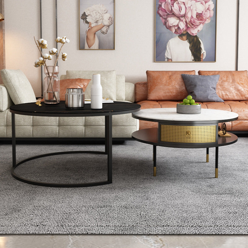17.7" H Round Slate Coffee Table 4 Legs Cocktail Table with 2 Drawers Clearhalo 'Coffee & Accent Tables' 'Coffee Tables' 'coffee_tables' 'furn' 'furn_coffee_tables' 'Furniture' 'Living Room Furniture' 6118957
