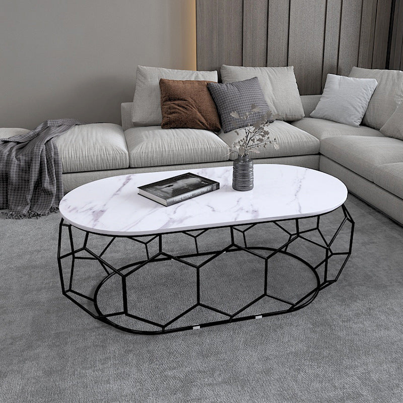 Glam Slate Coffee Table with Iron Frame and Oval Stone Top Cocktail Table