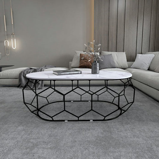 鉄のフレームと楕円形の石のトップカクテルテーブルを備えたグラムスレートコーヒーテーブル