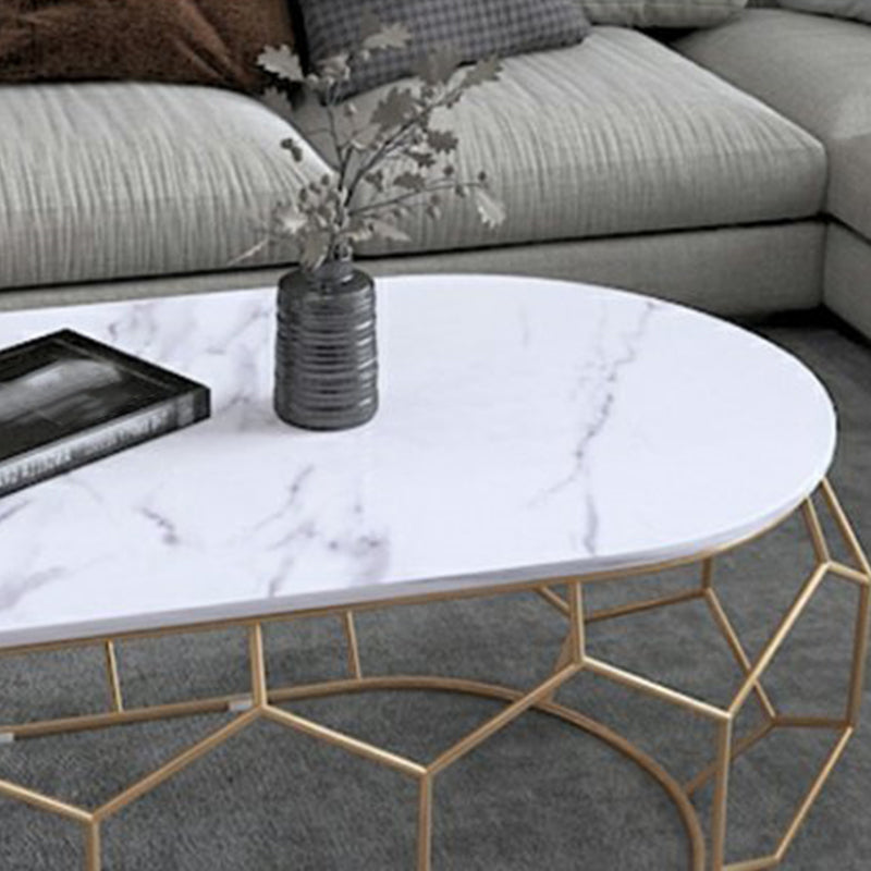 Glam Slate Coffee Table with Iron Frame and Oval Stone Top Cocktail Table