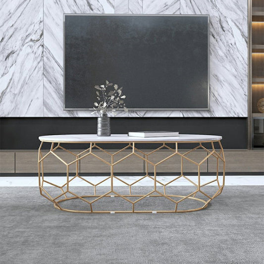 鉄のフレームと楕円形の石のトップカクテルテーブルを備えたグラムスレートコーヒーテーブル