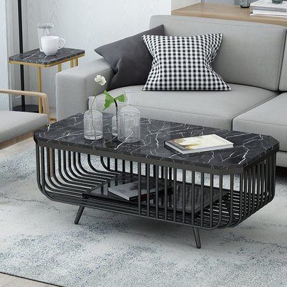 39.37" L Rectangle Slate Coffee Table Iron 4 Legs Cocktail Table with Shelf Black Black White Clearhalo 'Coffee & Accent Tables' 'Coffee Tables' 'coffee_tables' 'furn' 'furn_coffee_tables' 'Furniture' 'Living Room Furniture' 6119134