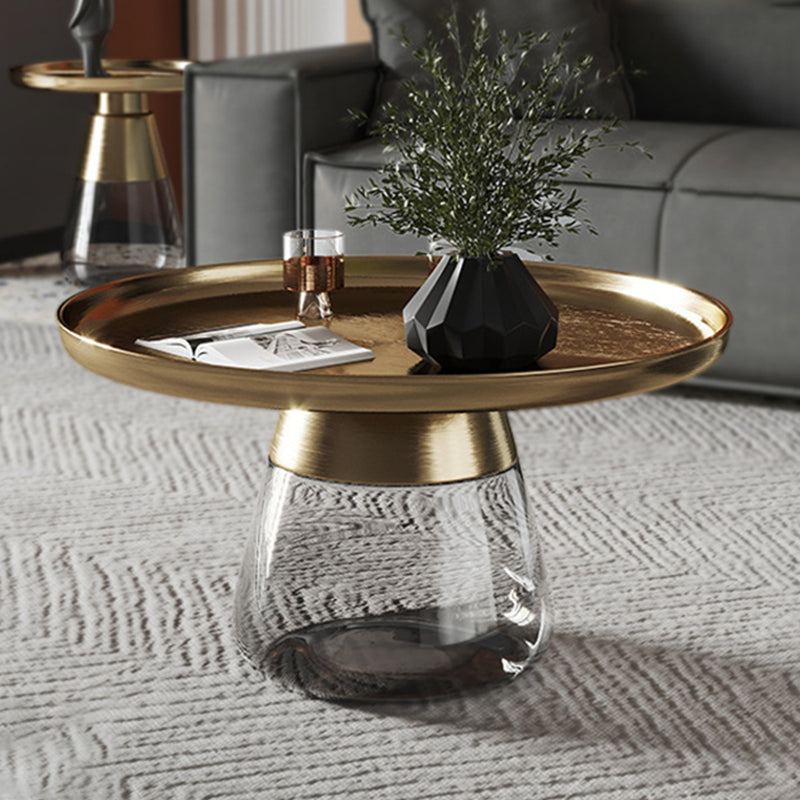Moderne metalen ronde glazen salontafel uit het midden van de eeuw