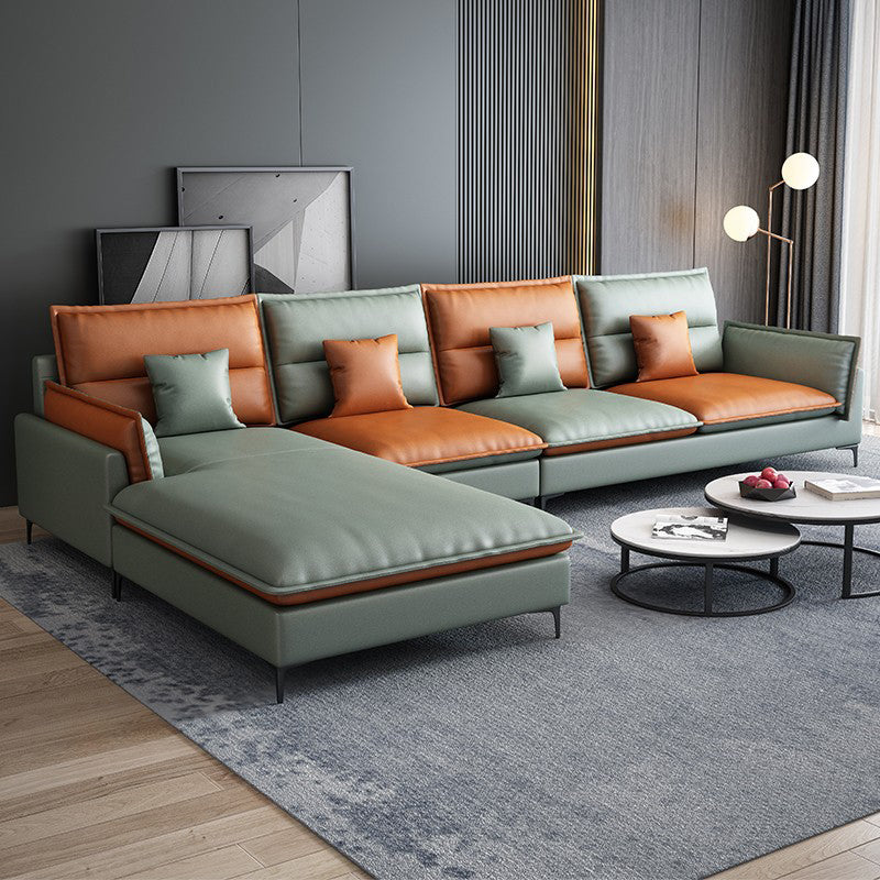 36.61 " H Faux Leather Pillow Top Arm Sofa & Chaise for Living Room Green Orange Clearhalo 'furn' 'furn_sectionals' 'Furniture' 'Living Room Furniture' 'Sectionals' 6119280
