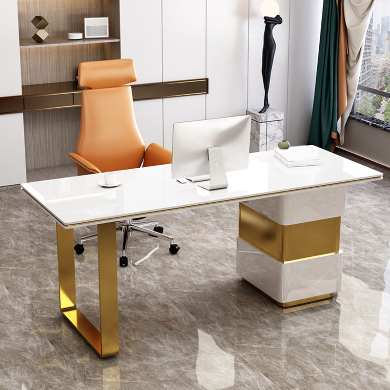 Rectangular with Drawers Office Desk Pedestal Artificial Wood Writing Desk Glam White Clearhalo 'furn' 'furn_office_desk' 'Furniture' 'Office Desks' 'Office Furniture' 'office_desk' 6120671