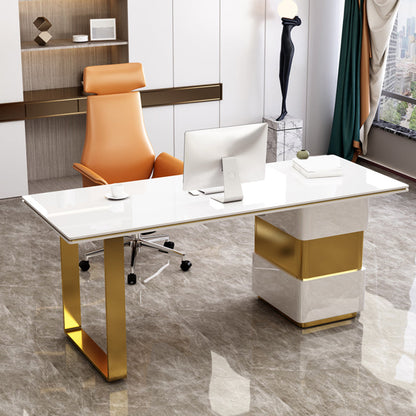 Rectangular with Drawers Office Desk Pedestal Artificial Wood Writing Desk Glam White Clearhalo 'furn' 'furn_office_desk' 'Furniture' 'Office Desks' 'Office Furniture' 'office_desk' 6120671
