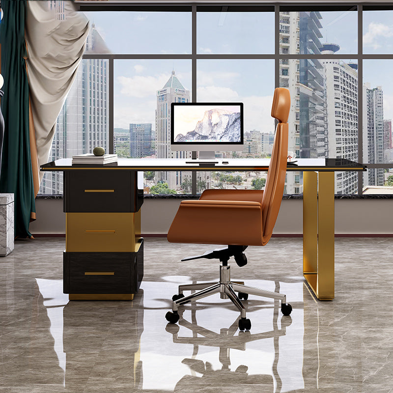 Rectangular with Drawers Office Desk Pedestal Artificial Wood Writing Desk Glam Gloss Black Clearhalo 'furn' 'furn_office_desk' 'Furniture' 'Office Desks' 'Office Furniture' 'office_desk' 6120672