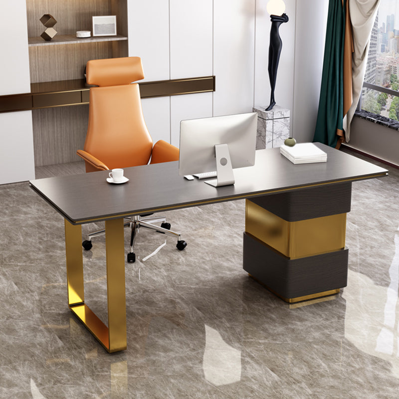 Rectangular with Drawers Office Desk Pedestal Artificial Wood Writing Desk Glam Matte Black Clearhalo 'furn' 'furn_office_desk' 'Furniture' 'Office Desks' 'Office Furniture' 'office_desk' 6120673