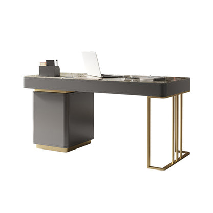 Grey Drawers Writing Desk Glam Stainless Steel and Stone Office Desk Rectangular
