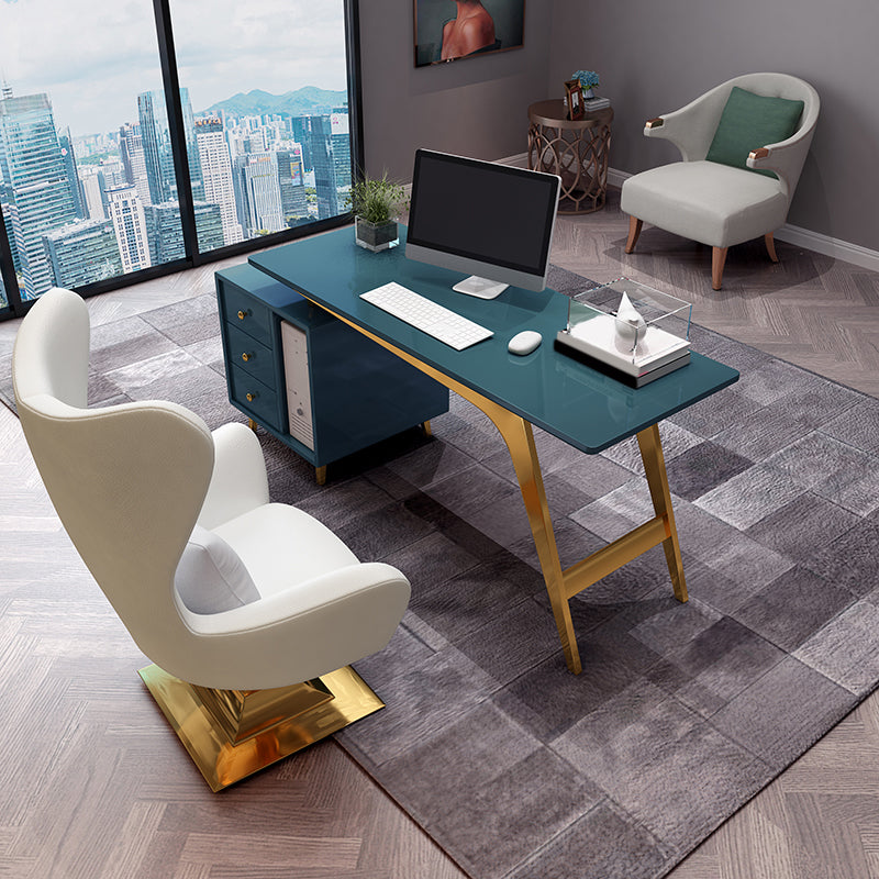 23.6" Wide Office Desk with 3 Storage Drawers Computer Desk Artificial Wood Blue Clearhalo 'furn' 'furn_office_desk' 'Furniture' 'Office Desks' 'Office Furniture' 'office_desk' 6120802