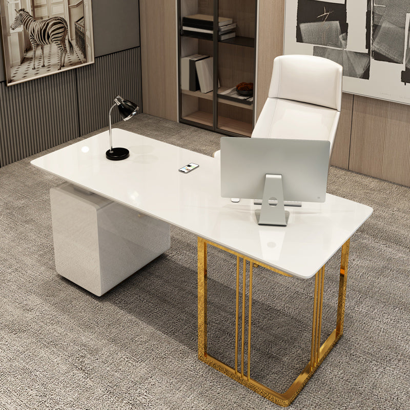 Rectangular Glam Office Desk with 3 Storage Drawers Writing Desk Artificial Wood 63"L x 27.6"W x 29.5"H White Clearhalo 'furn' 'furn_office_desk' 'Furniture' 'Office Desks' 'Office Furniture' 'office_desk' 6120845