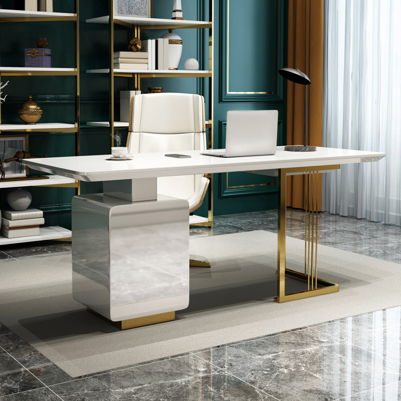 Rectangular Glam Office Desk with 3 Storage Drawers Writing Desk Artificial Wood 70.9"L x 27.6"W x 29.5"H White Clearhalo 'furn' 'furn_office_desk' 'Furniture' 'Office Desks' 'Office Furniture' 'office_desk' 6120846