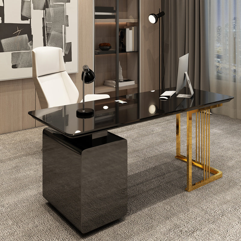 Rectangular Glam Office Desk with 3 Storage Drawers Writing Desk Artificial Wood 63"L x 27.6"W x 29.5"H Black Clearhalo 'furn' 'furn_office_desk' 'Furniture' 'Office Desks' 'Office Furniture' 'office_desk' 6120847