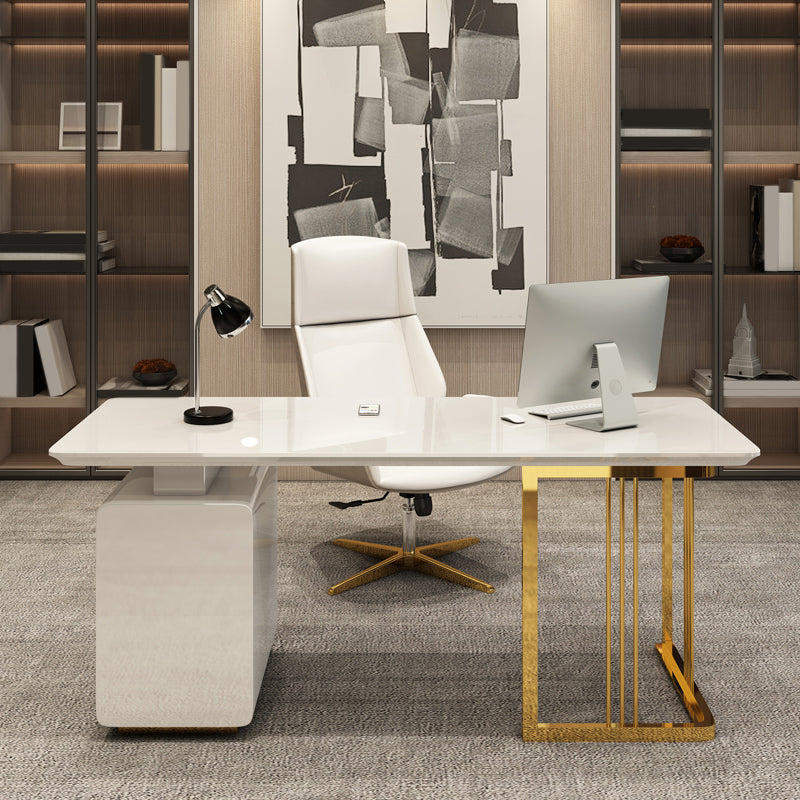 Rectangular Glam Office Desk with 3 Storage Drawers Writing Desk Artificial Wood 55.1"L x 27.6"W x 29.5"H White Clearhalo 'furn' 'furn_office_desk' 'Furniture' 'Office Desks' 'Office Furniture' 'office_desk' 6120848
