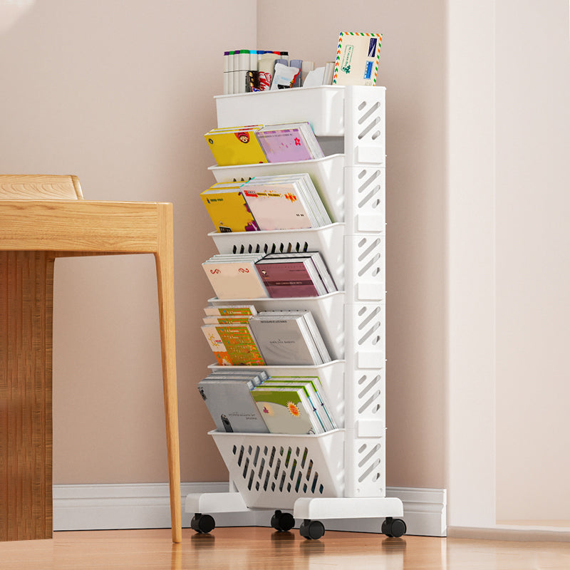 White Contemporary Standard Home Plastic Bookshelf with Wheels 15.4"L x 7.5"W x 29.9"H Clearhalo 'Bookcases' 'furn' 'furn_bookcases' 'Furniture' 'Office Furniture' 6121377