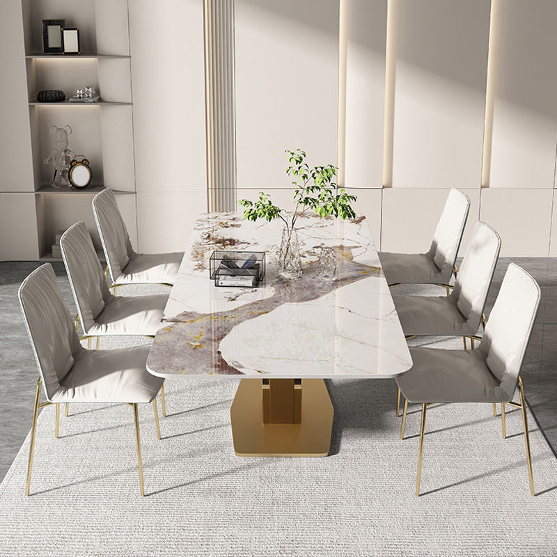 Designer Style 1/4/5/7/9 Pieces Rectangle Dining Set Sintered Stone Top Dinette Table Set 7 Pieces: 1 Gold Table, 6 Stools Clearhalo 'Dining Room Sets' 'Dining Tables & Seating' 'dining_room_set' 'furn' 'furn_dining_room_set' 'Furniture' 'Kitchen & Dining Furniture' 6122062