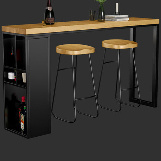 Natural Solid Wood Pub Table Pedestal Rectangle Bar Height Table with Shelves