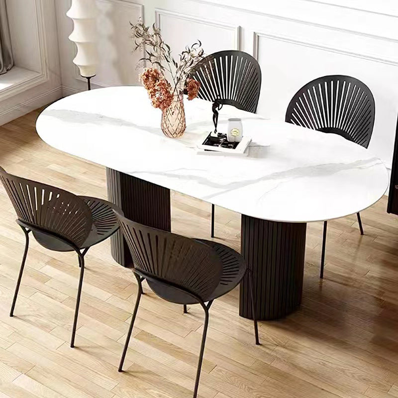 Mesa de piedra sinterizada de lujo mesa blanca ovalada con pedestal negro doble