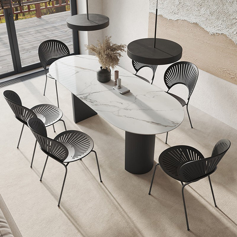 Mesa de piedra sinterizada de lujo mesa blanca ovalada con pedestal negro doble