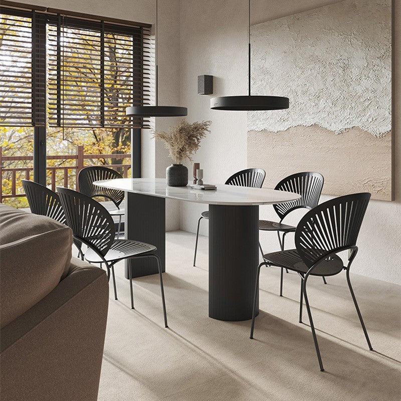 Mesa de piedra sinterizada de lujo mesa blanca ovalada con pedestal negro doble