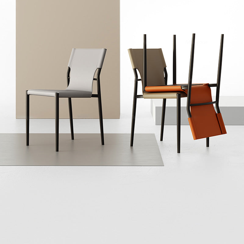 Silla de cuero sin brazo industrial silla de comedor del lado posterior con base de metal