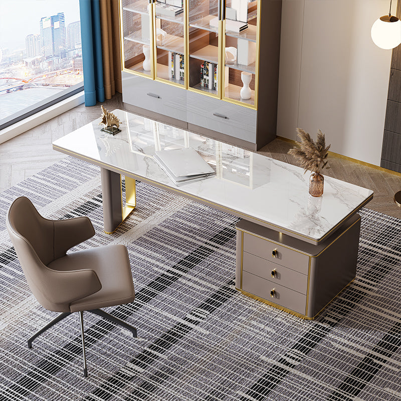Pedestal Glam Office Desk Slate Writing Desk with File Cabinet for Office 70.9"L x 27.6"W x 29.5"H Clearhalo 'furn' 'furn_office_desk' 'Furniture' 'Office Desks' 'Office Furniture' 'office_desk' 6130538