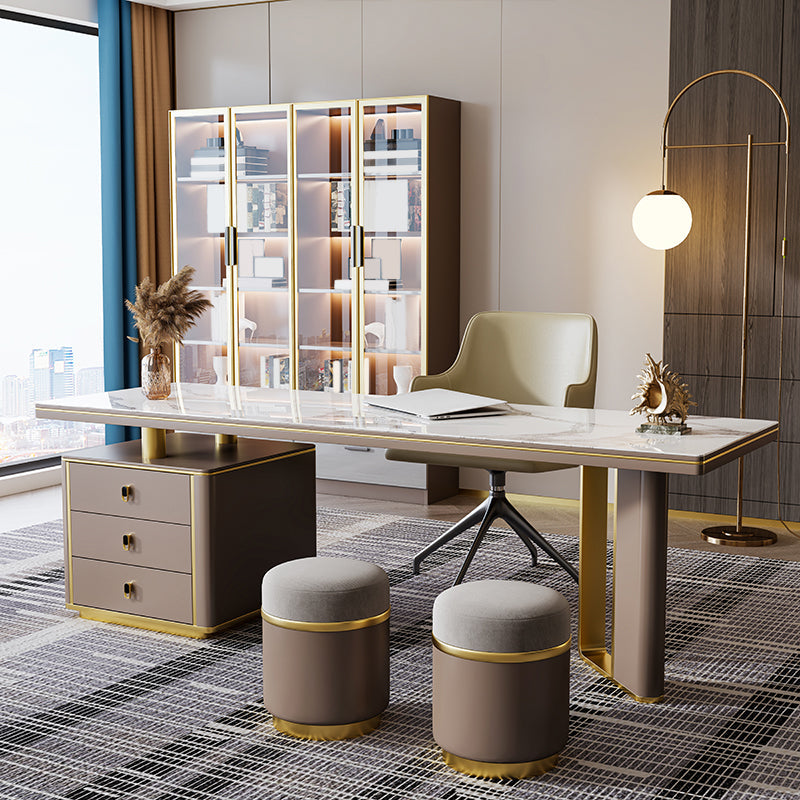 Pedestal Glam Office Desk Slate Writing Desk with File Cabinet for Office Clearhalo 'furn' 'furn_office_desk' 'Furniture' 'Office Desks' 'Office Furniture' 'office_desk' 6130539