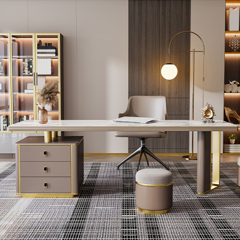 Pedestal Glam Office Desk Slate Writing Desk with File Cabinet for Office Clearhalo 'furn' 'furn_office_desk' 'Furniture' 'Office Desks' 'Office Furniture' 'office_desk' 6130540