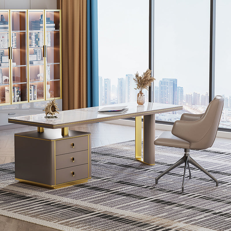 Pedestal Glam Office Desk Slate Writing Desk with File Cabinet for Office 63"L x 27.6"W x 29.5"H Clearhalo 'furn' 'furn_office_desk' 'Furniture' 'Office Desks' 'Office Furniture' 'office_desk' 6130541