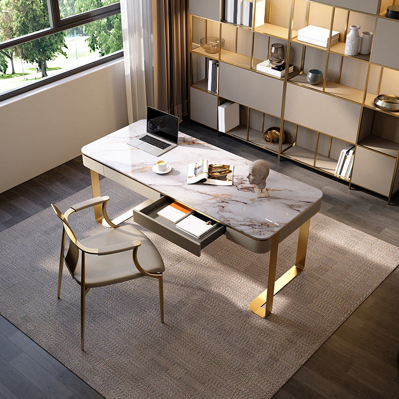 White and Gold Writing Desk Glam Curved Office Desk with Drawers 55.1"L x 23.6"W x 29.5"H Clearhalo 'furn' 'furn_office_desk' 'Furniture' 'Office Desks' 'Office Furniture' 'office_desk' 6130565