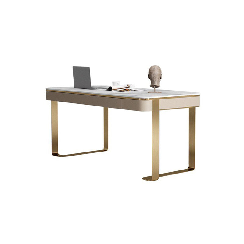 White and Gold Writing Desk Glam Curved Office Desk with Drawers 47.2"L x 23.6"W x 29.5"H Clearhalo 'furn' 'furn_office_desk' 'Furniture' 'Office Desks' 'Office Furniture' 'office_desk' 6130569
