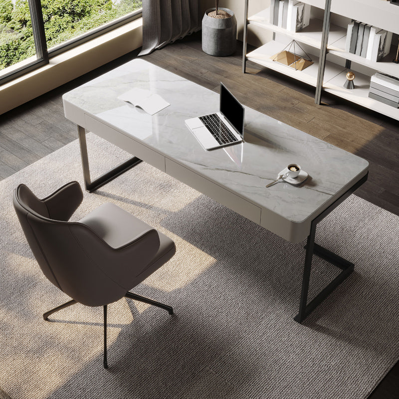 Bureau de bureau d'écriture en étain en métal et bureau en pierre avec 2 tiroirs de rangement