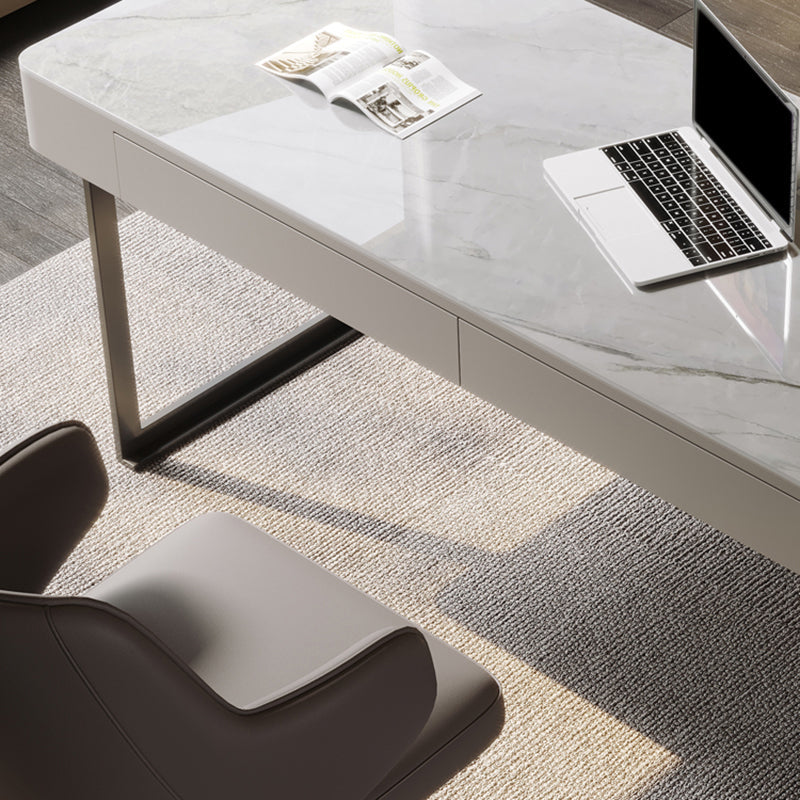 Bureau de bureau d'écriture en étain en métal et bureau en pierre avec 2 tiroirs de rangement