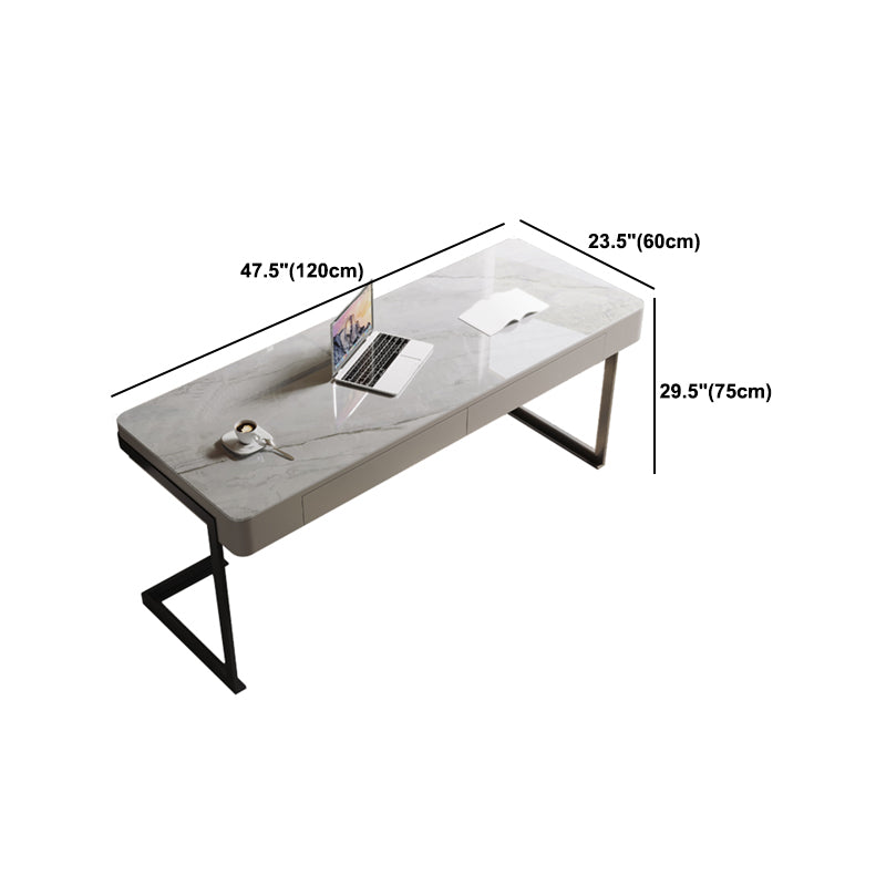 Bureau de bureau d'écriture en étain en métal et bureau en pierre avec 2 tiroirs de rangement