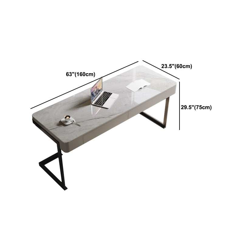 Bureau de bureau d'écriture en étain en métal et bureau en pierre avec 2 tiroirs de rangement