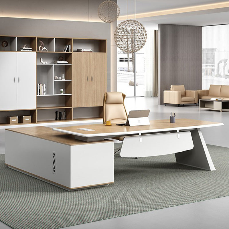 White and Natural Office Desk Modern Artificial Wood Executive Desk Locking Drawer 87"L x 63"W x 29.5"H Clearhalo 'furn' 'furn_office_desk' 'Furniture' 'Office Desks' 'Office Furniture' 'office_desk' 6130681