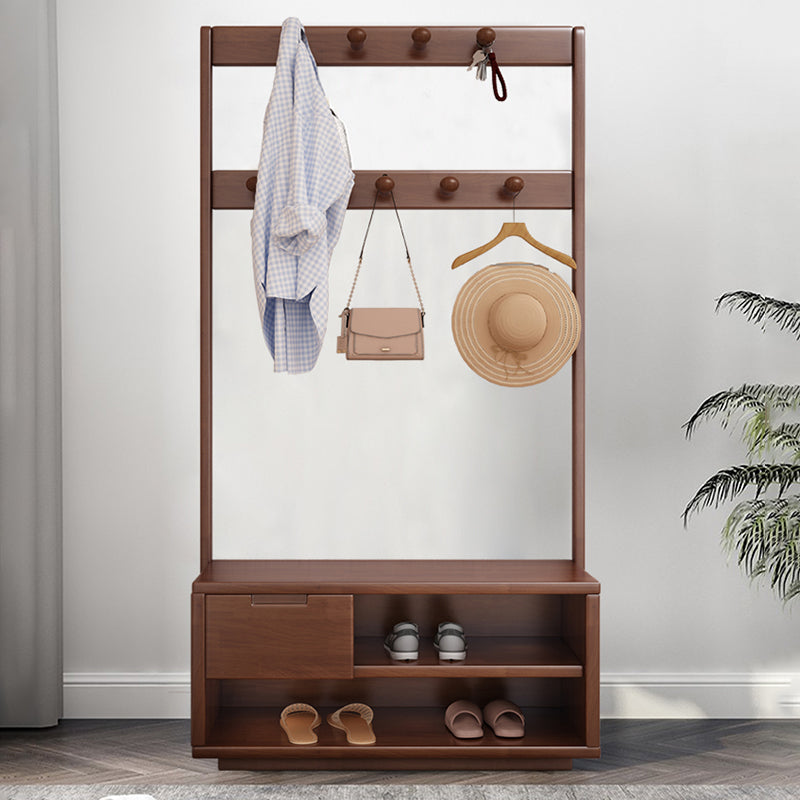 Contemporary Style Coat Hanger Hooks Design Solid Rubberwood Coat Rack with Drawer