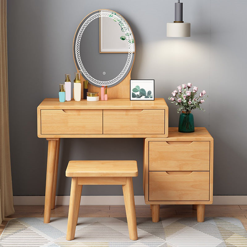 31. 5" W Wood Vanity Table with Mirror & Stool 4 Drawers Simple Makeup Vanity Table Set Makeup Vanity & Stools Natural Clearhalo 'Bedroom Furniture' 'furn' 'furn_makeup_vanities' 'Furniture' 'Makeup Vanities' 'makeup_vanities' 6131592