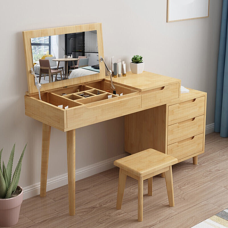 Scandinavian Wood Vanity Set 4-Drawer Flip-Top Makeup Dressing Table