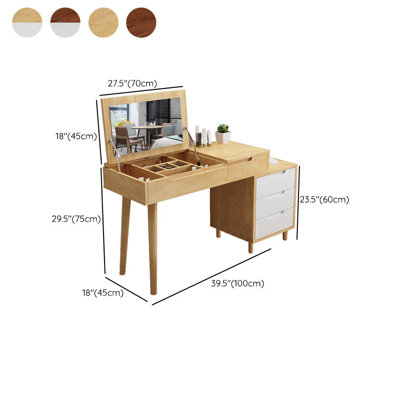 Scandinavian Wood Vanity Set 4-Drawer Flip-Top Makeup Dressing Table