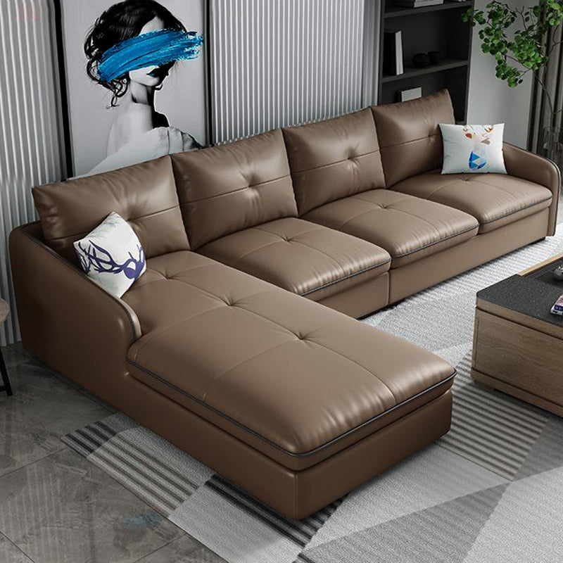 31.49 " H Brown Leather Square Arm Tufted Sofa & Chaise for Living Room Clearhalo 'furn' 'furn_sectionals' 'Furniture' 'Living Room Furniture' 'Sectionals' 6132909