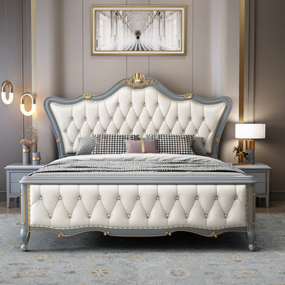 84.65 inch Wide Glam Bed Frame Rubberwood Solid Color Standard Bed with Headboard