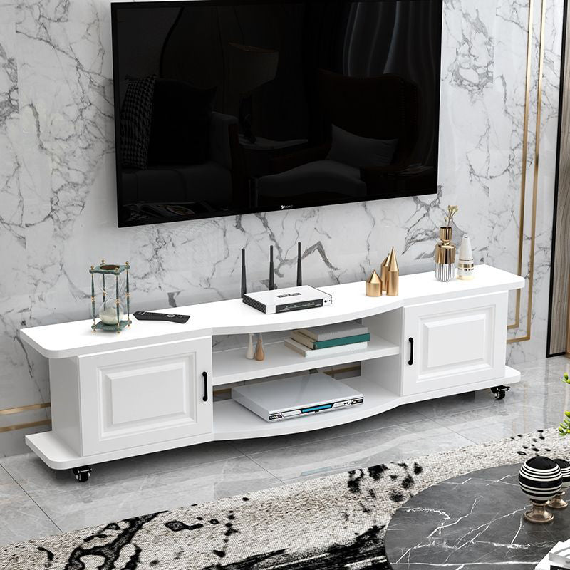 Meuble TV contemporain en bois, rangement ouvert, Console multimédia TV avec pieds pour salon