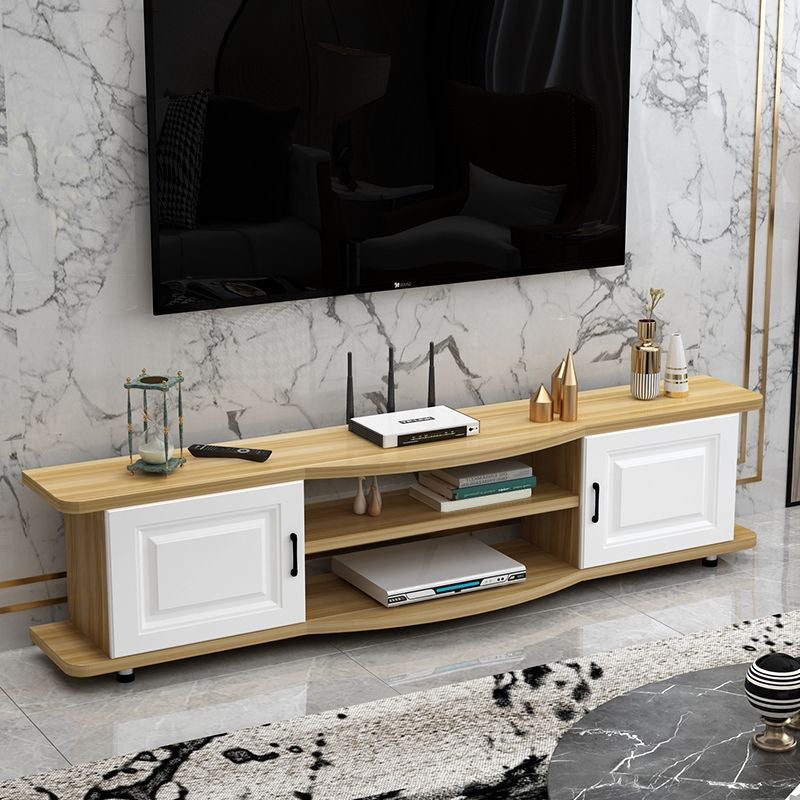Meuble TV contemporain en bois, rangement ouvert, Console multimédia TV avec pieds pour salon