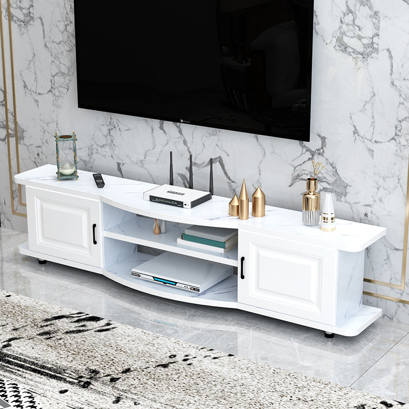 Meuble TV contemporain en bois, rangement ouvert, Console multimédia TV avec pieds pour salon