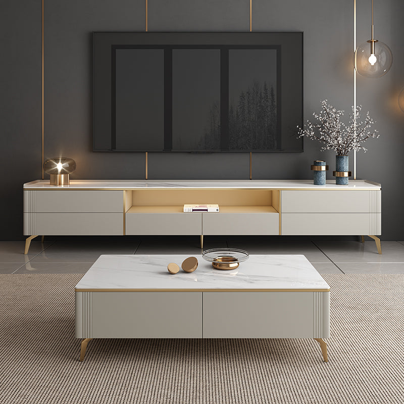 Glam White TV Media Consola 13.7 "Stand de televisión de altura con 6 cajones
